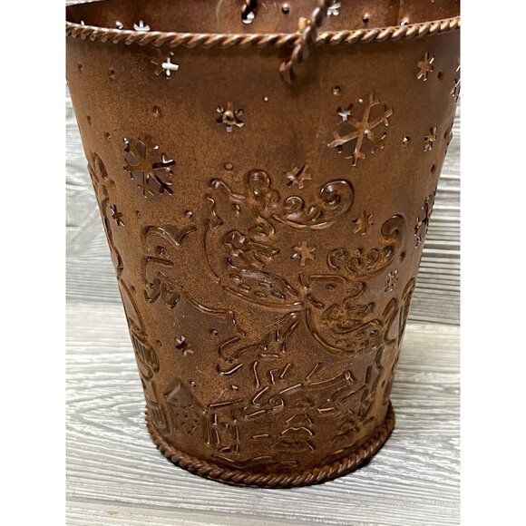 Christmas Punched Metal Santa Claus & Reindeer Pail Bucket Rustic Holiday Decor - Picture 3 of 9